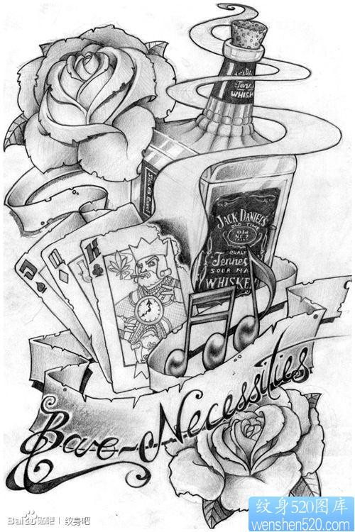 欧美风一张威士忌扑克牌玫瑰花纹身手稿