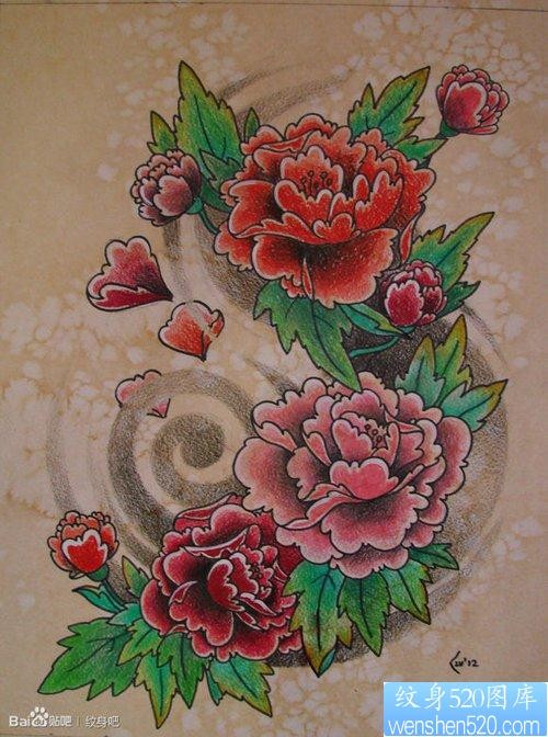 一张为前卫的传统彩色牡丹纹身图片