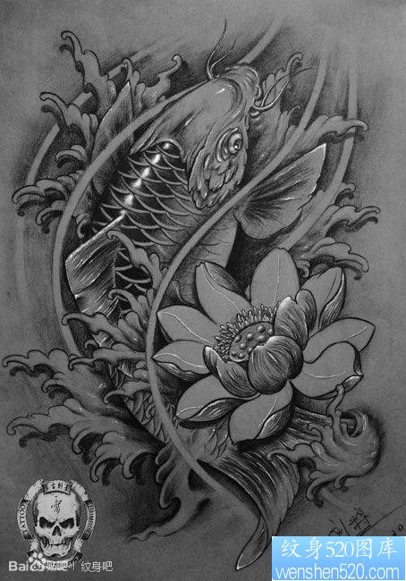 唯美流行的一张黑白鲤鱼纹身手稿