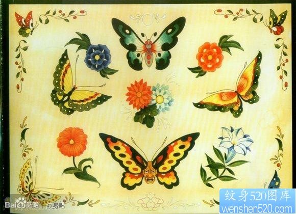 一组漂亮流行的彩色蝴蝶纹身手稿