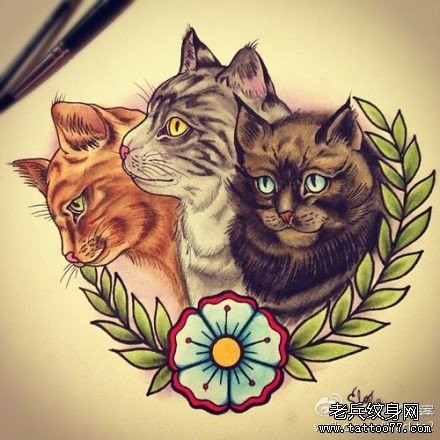 一组流行可爱的猫咪纹身手稿