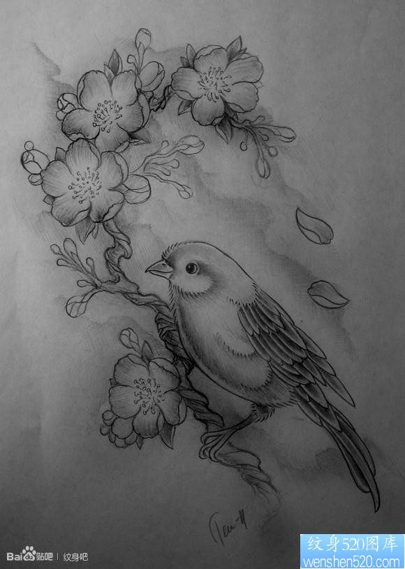 一张流行前卫的喜鹊与梅花纹身手稿