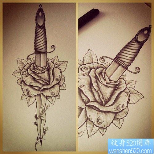 一张唯美流行的匕首玫瑰花纹身手稿