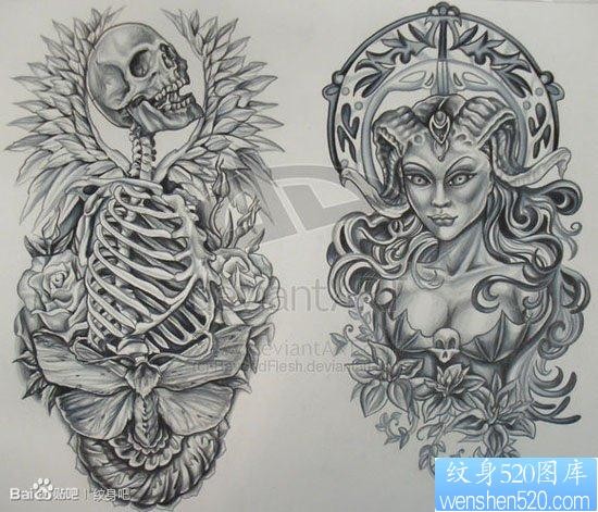 一张流行经典的骷髅与恶魔美女纹身手稿