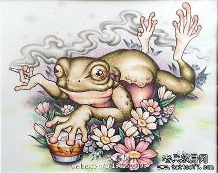 一张抽烟喝酒的青蛙纹身手稿
