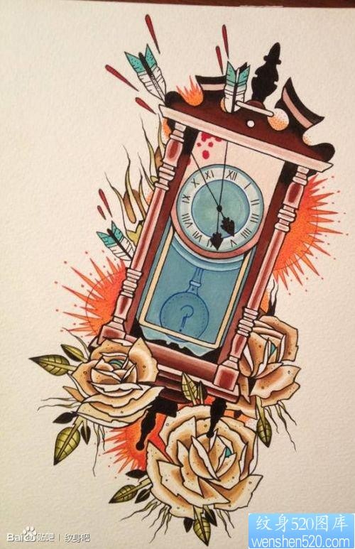 一张经典前卫的钟表玫瑰纹身手稿
