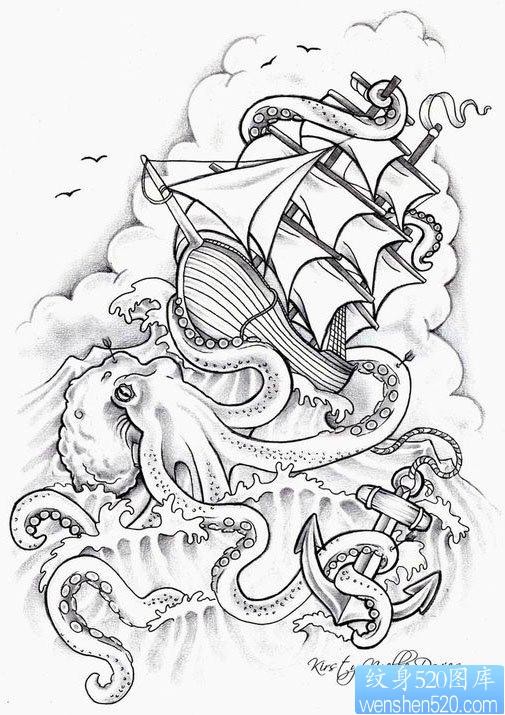 一张经典前卫的章鱼与帆船纹身图片