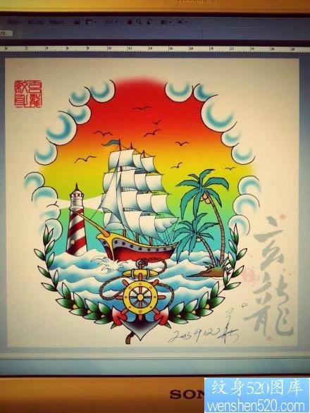 一张很酷流行的帆船灯塔纹身手稿