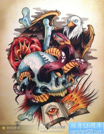 一张很酷帅气的蛇老鹰骷髅纹身手稿