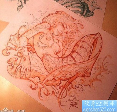 一张漂亮流行的美人鱼纹身手稿