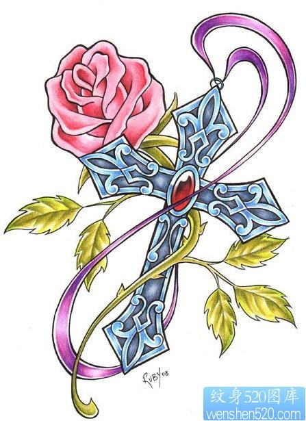 就是唯美的十字架玫瑰纹身图片