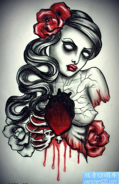 一张另类的心脏与美女纹身手稿