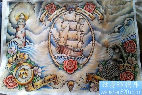 一组前卫流行的帆船灯塔纹身图片
