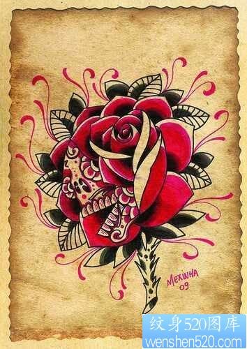 前卫精美的一张玫瑰花纹身手稿
