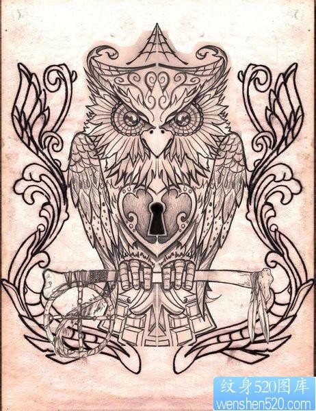 流行经典的一张黑白猫头鹰纹身手稿