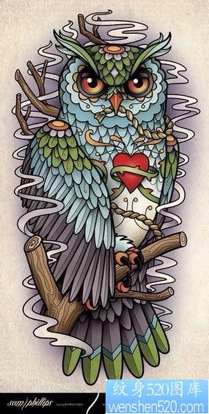 流行很酷的一张彩色猫头鹰纹身手稿