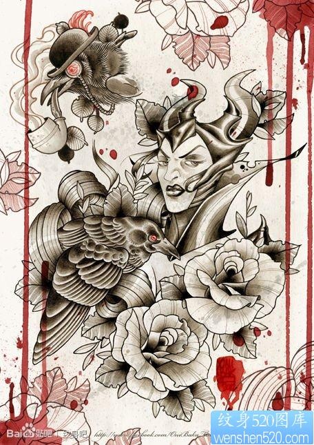 一张另类超帅的美女恶魔乌鸦纹身手稿
