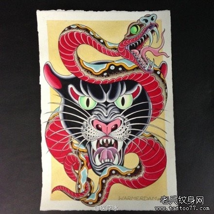 超帅很酷的一张黑豹与蛇纹身手稿
