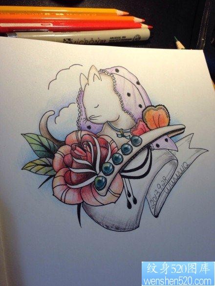可爱前卫的一张猫咪与玫瑰花纹身手稿
