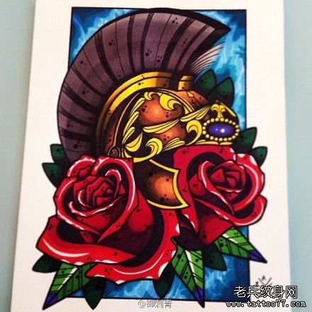 前卫经典的一张头盔玫瑰花纹身手稿