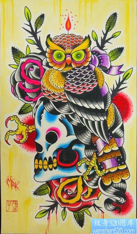 前卫流行的一张猫头鹰与骷髅纹身手稿