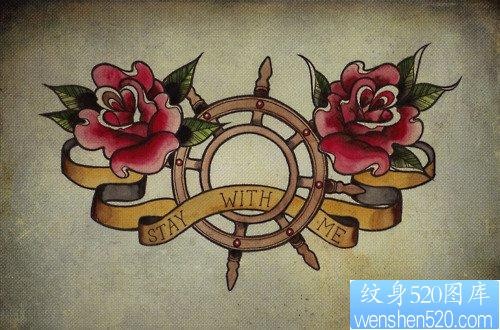 前卫经典的一张玫瑰花与船锚纹身手稿