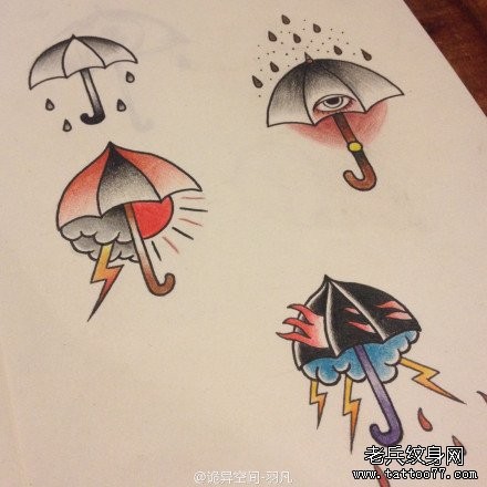 一组流行精美的雨伞纹身手稿