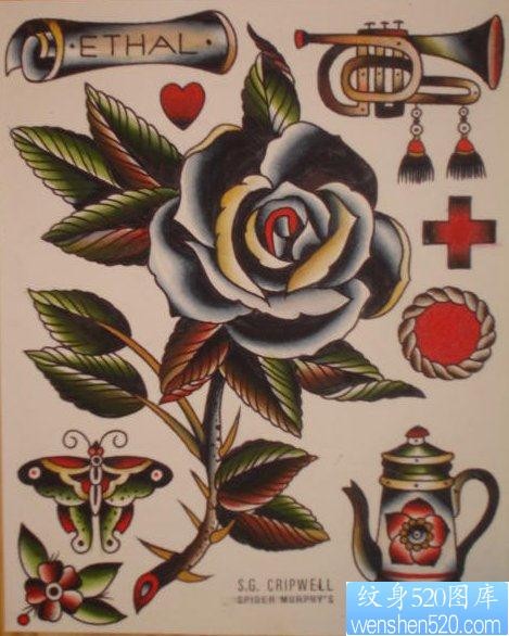 一组唯美流行的school玫瑰花纹身手稿