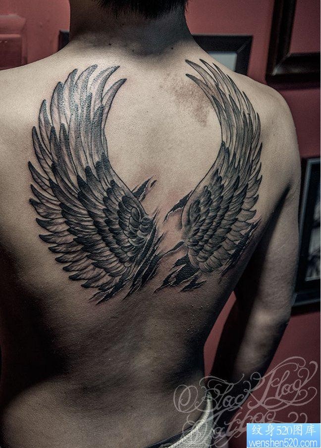 纹身520图库提供一颗背部天使翅膀纹身图片