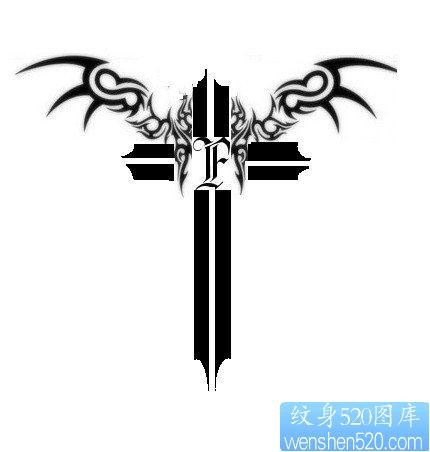 纹身520图库强烈推荐一张图腾十字架翅膀纹身图片图案