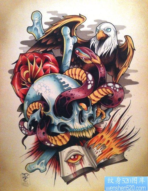 欧美风格的骷髅老鹰纹身图片由纹身520图库推荐