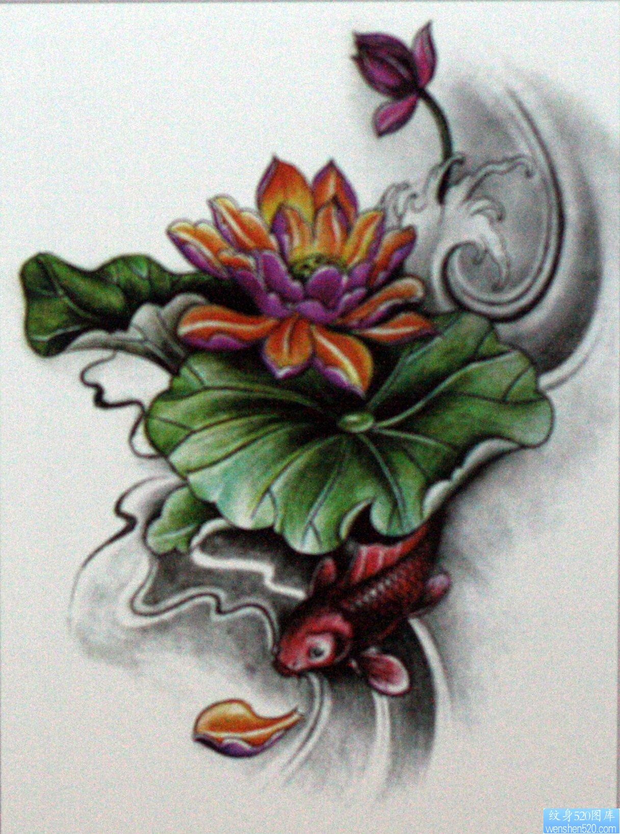 纹身520图库提供一张彩色莲花纹身手稿
