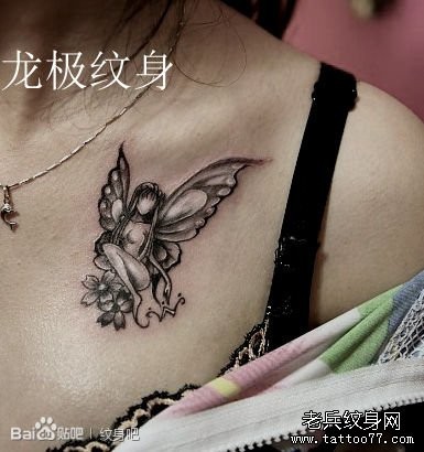美女胸前一张流行精美的精灵纹身图片