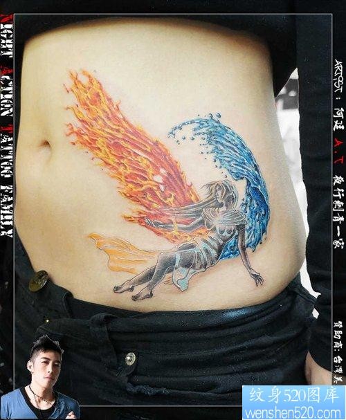 美女腹部精美流行的彩色天使纹身图片