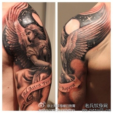 手臂经典写实的天使纹身图片