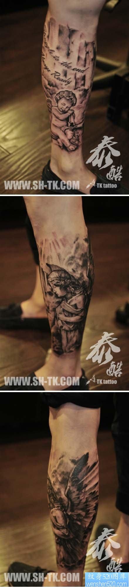 腿部经典前卫的黑白天使纹身图片