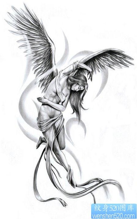 一张唯美漂亮的黑白天使纹身图片