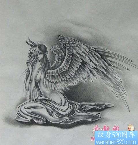 天使纹身图片:黑灰天使纹身图片图案