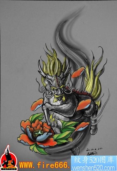 传统莲花麒麟纹身图片