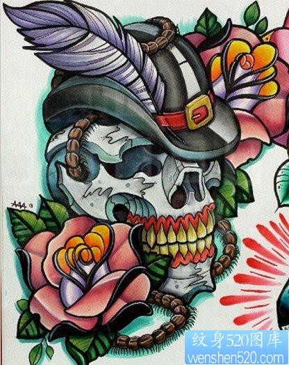一张漂亮的school风格骷髅玫瑰花纹身图片