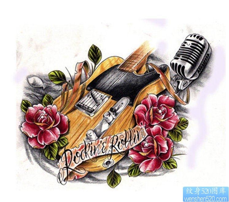 纹身520图库提供一张school玫瑰花吉他纹身图片手稿