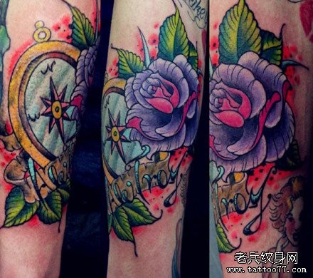 超流行的手臂school玫瑰花指南针纹身图片图案