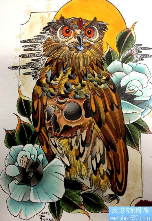 纹身图库推荐一张school风格猫头鹰纹身图片