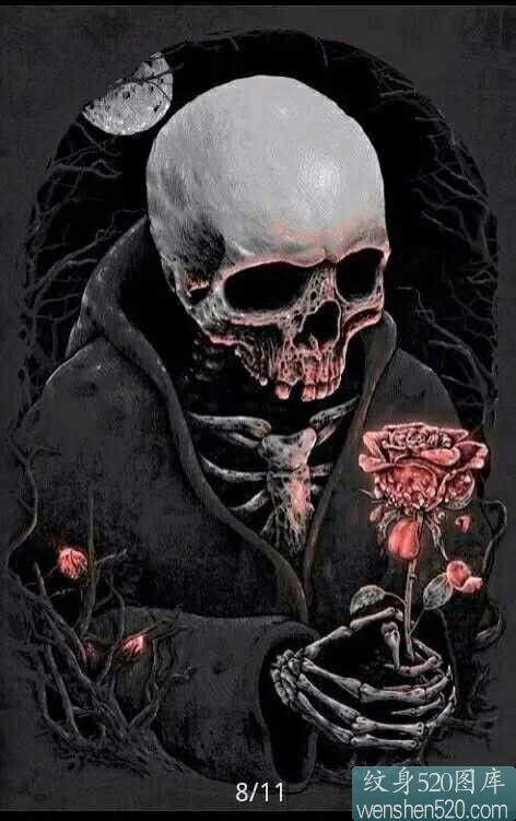 绚丽色彩的骷髅捧着玫瑰纹身手稿