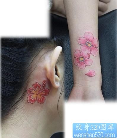 女性纹身图片：头部手臂彩色樱花纹身图案