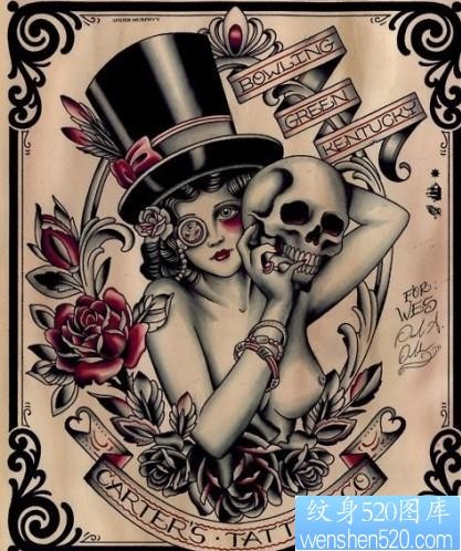 纹身图片：经典欧美美女骷髅花卉纹身图片图案
