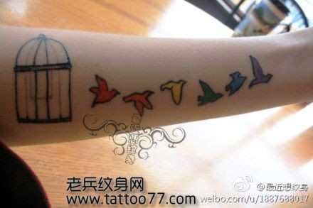 手臂可爱的小鸟鸟笼纹身图片