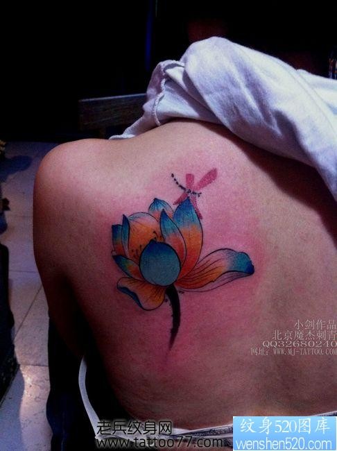 流行精美的肩部莲花蜻蜓纹身图片