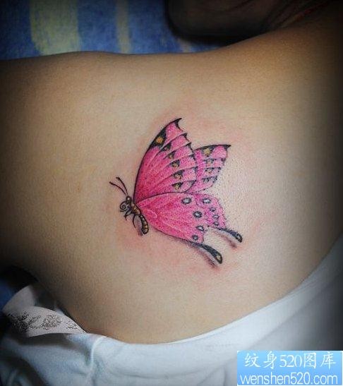 美女肩背好看的彩色蝴蝶纹身图片