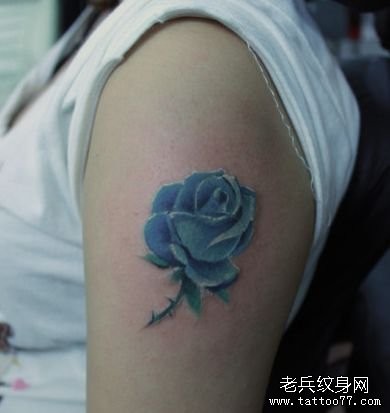 女孩子手臂一张写实彩色玫瑰花纹身图片